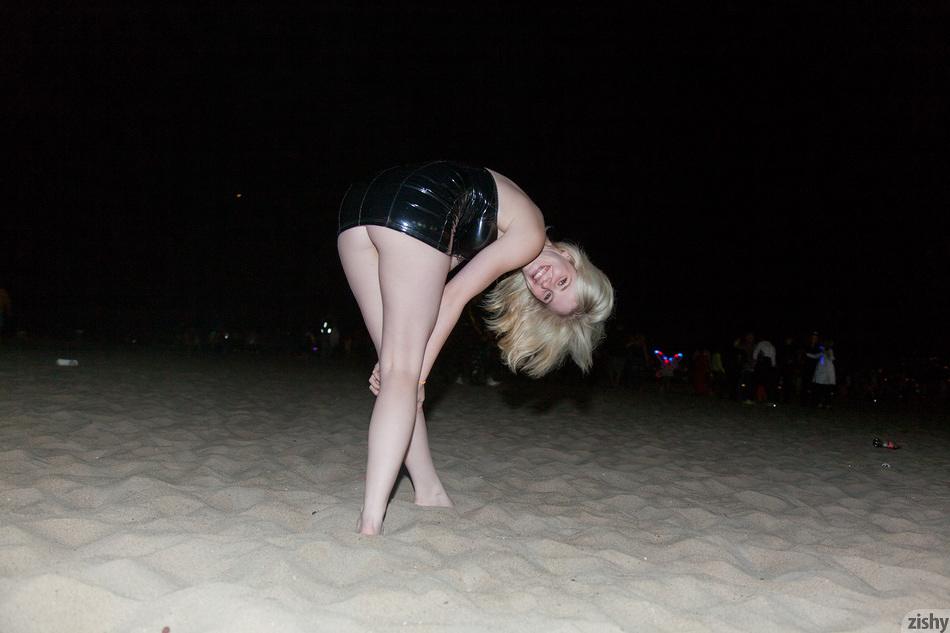 Blonde coed Catie Parker has some fun on a beach at night #53726627