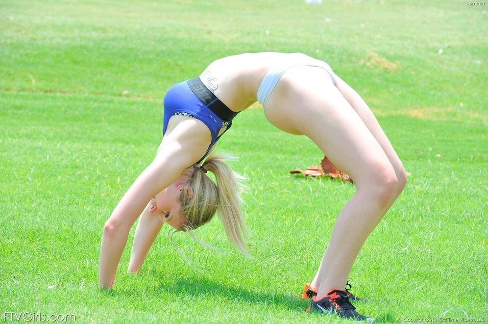 Blonde bombshell Summer gets hot while jogging and takes her clothes off #60017681