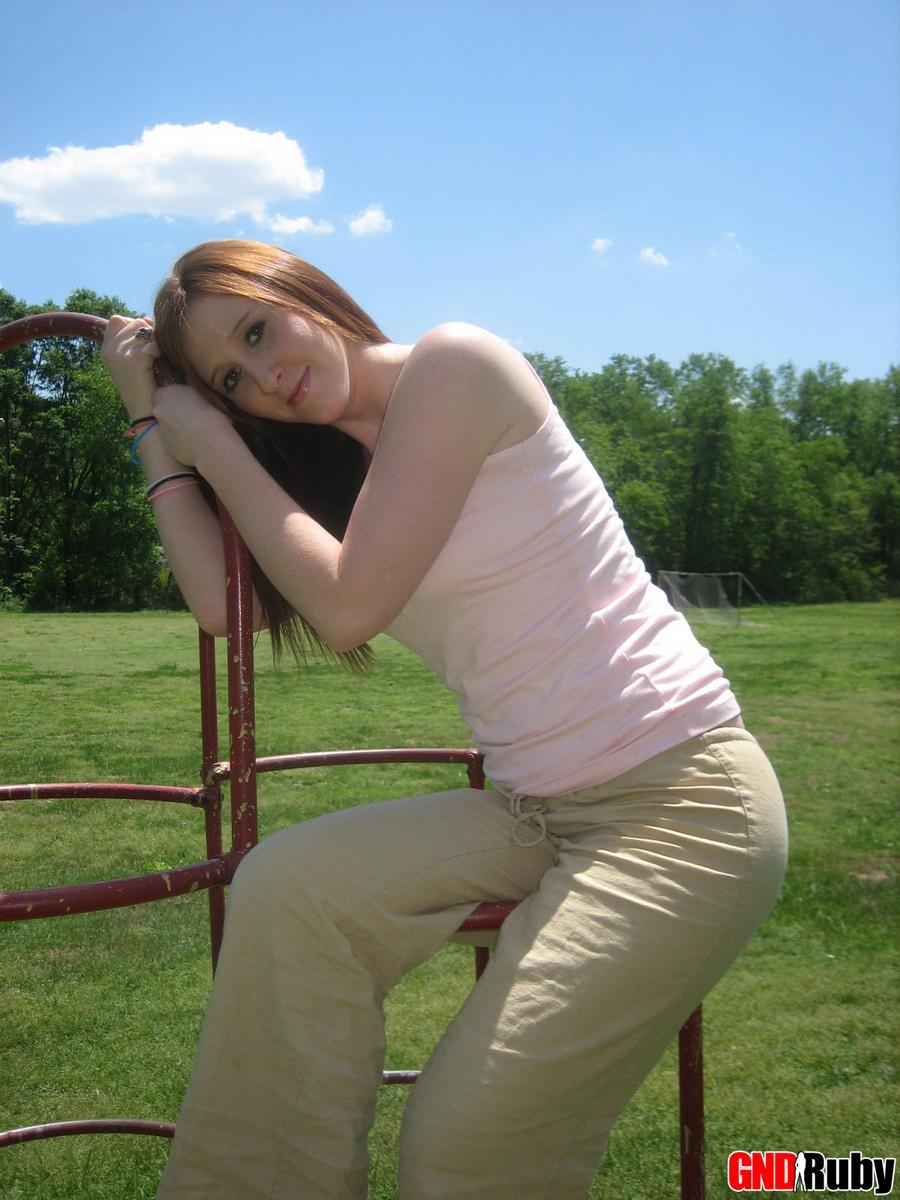 Cute Ginger Teen Ruby Flashes Her Perky Tits At The Park While Playing On The Jungle Gym