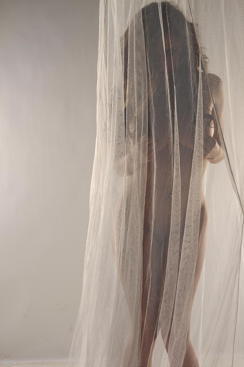 Lily posa detrás de una cortina transparente y se burla
 #58966112