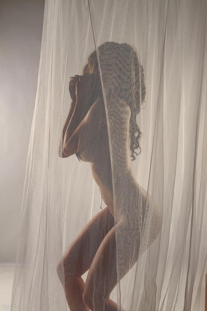 Lily pose derrière un rideau transparent et aguicheuse.
 #58966176