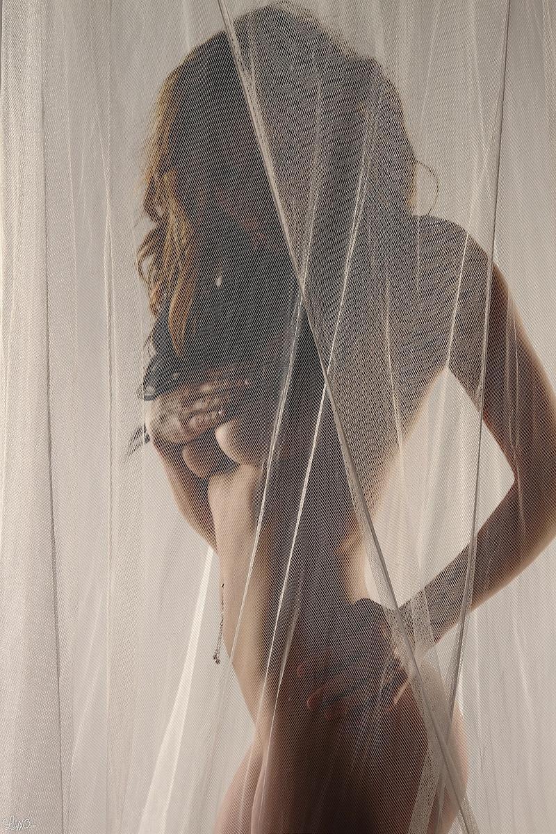 Lily posa detrás de una cortina transparente y se burla
 #58966204