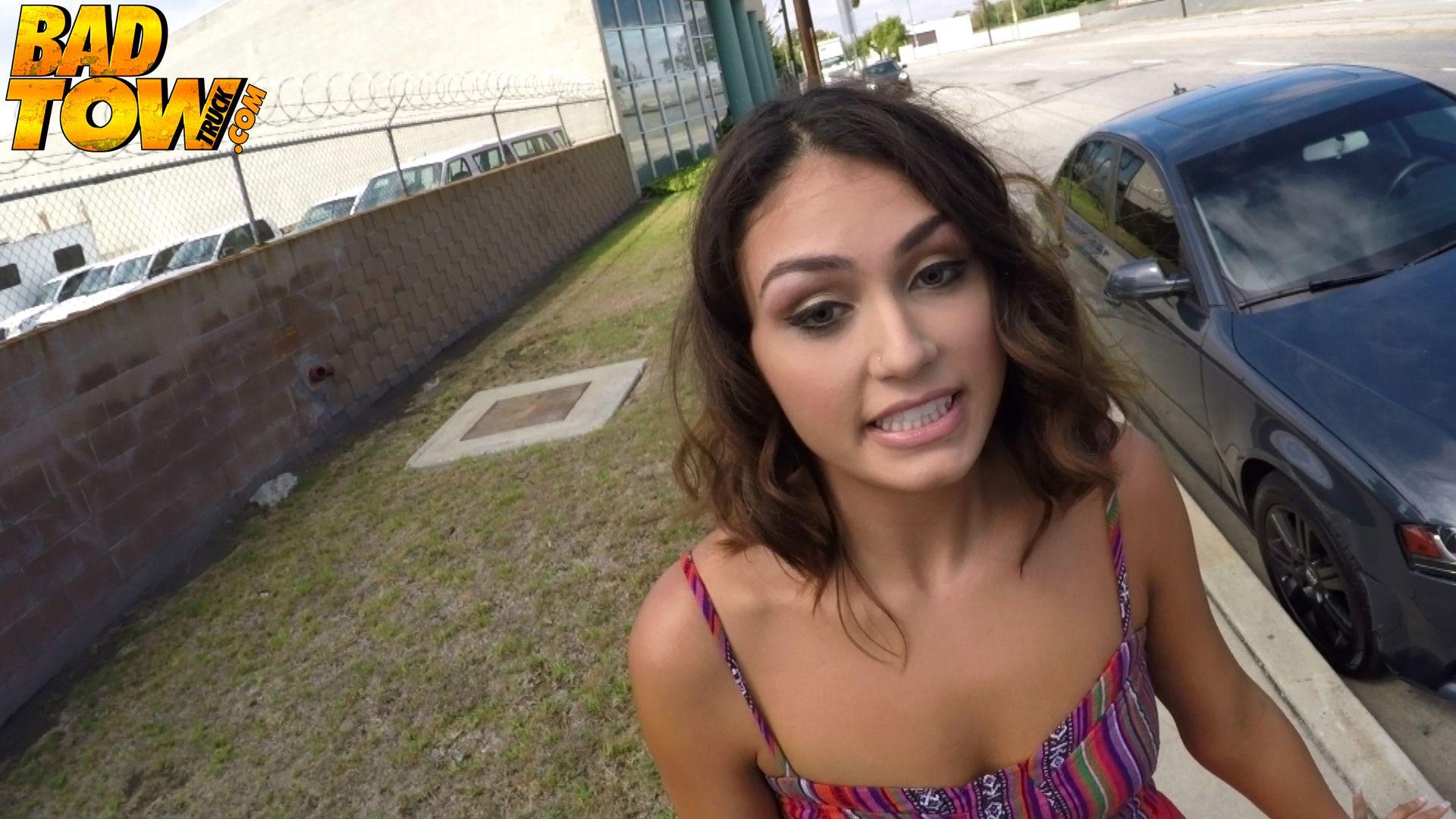 Brunette amateur Kylie is stranded at the side of the road and fucks the tow truck driver #60249824