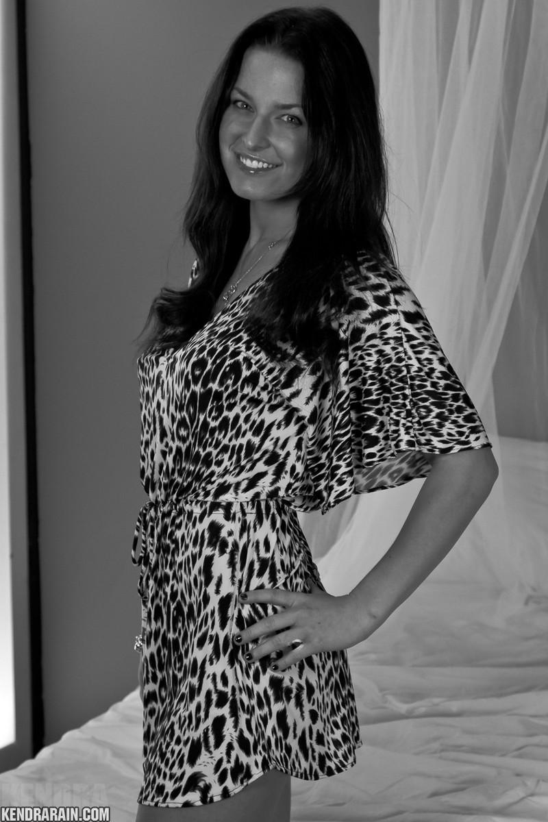 Brunette girl Kendra Rain does a sexy black and white set in her leopard dress #58721904