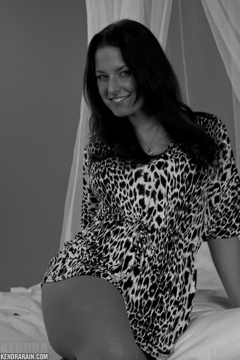 Brunette girl Kendra Rain does a sexy black and white set in her leopard dress #58721927