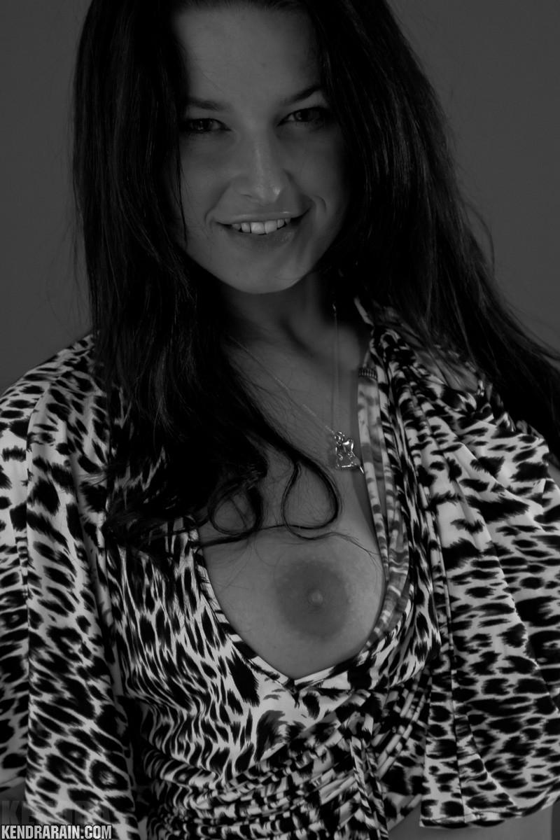 Brunette girl Kendra Rain does a sexy black and white set in her leopard dress #58722120