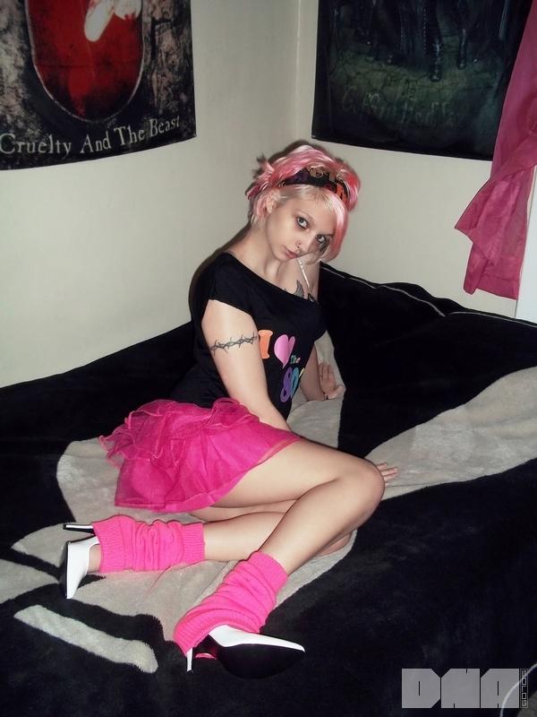 Alt girl Candy Ann strips for you in her pink skirt