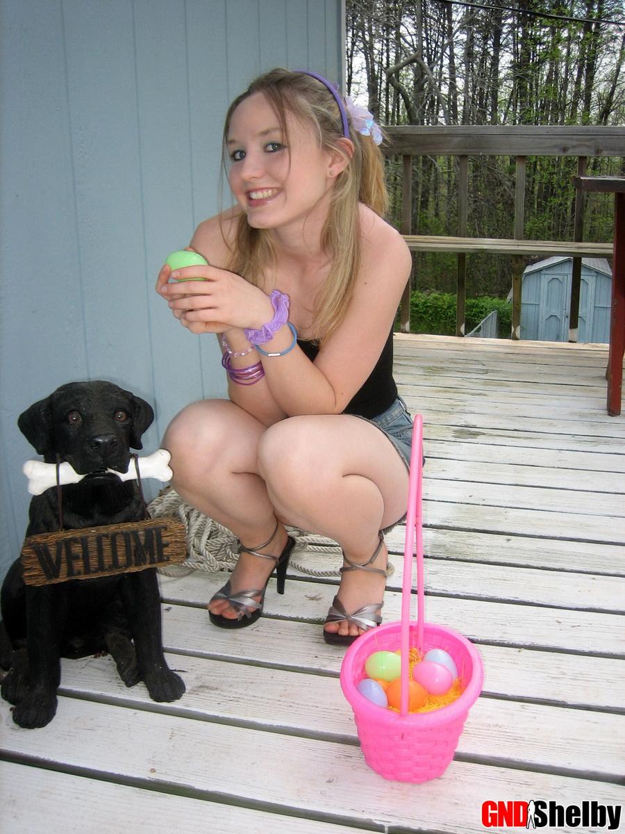 Girl next door Shelby flashes her perky boobs while hunting for easter eggs #58761315