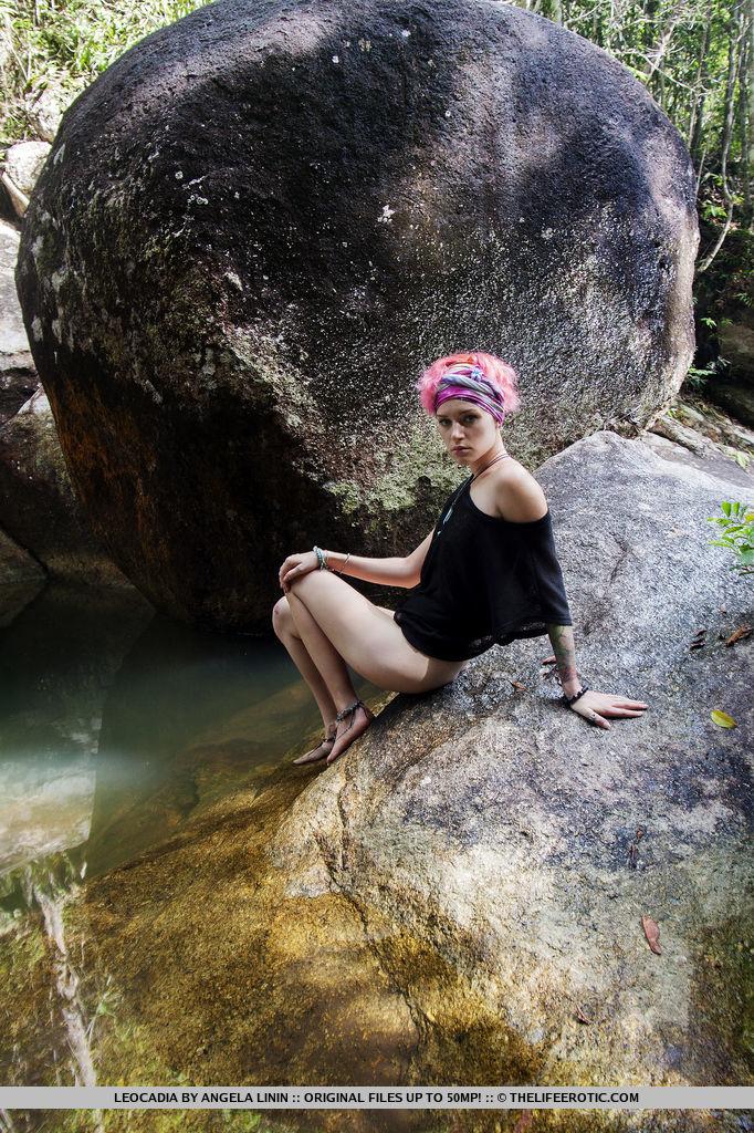 Alt girl Leocadia gets naked in the river in the forest #60855894