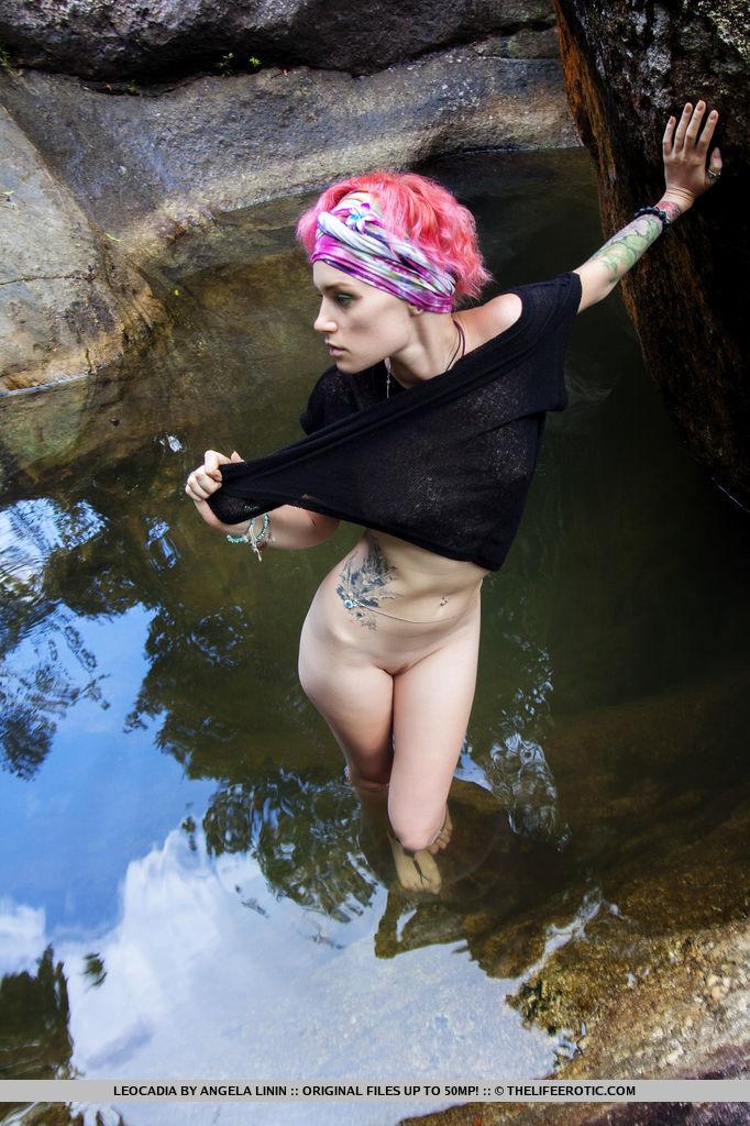 Alt girl Leocadia gets naked in the river in the forest #60855906