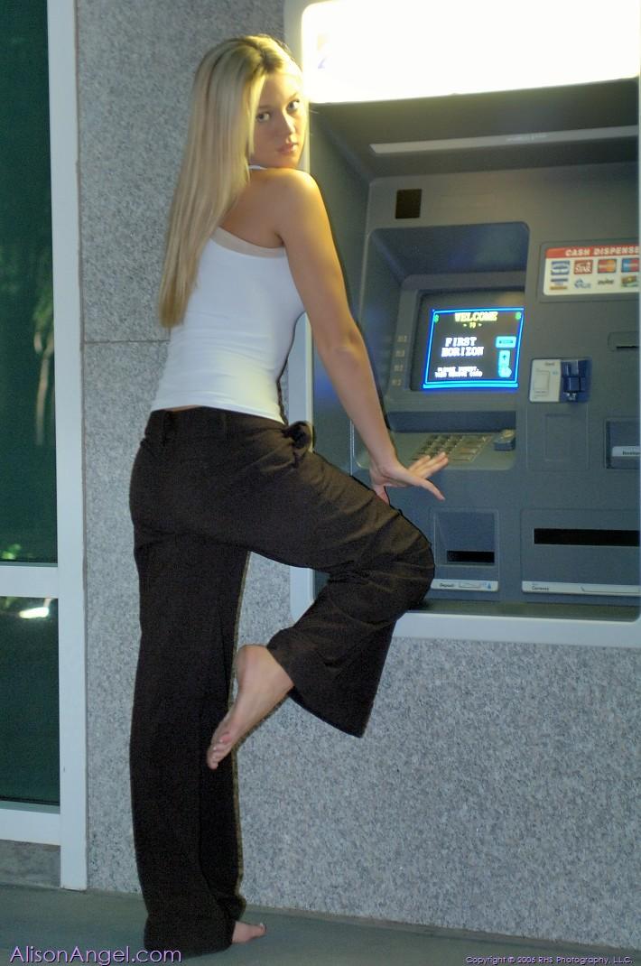 Pictures of teen amateur Alison Angel using the ATM topless #53008689