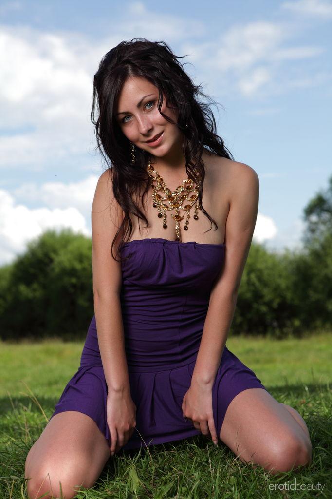 Brunette babe Madeline strips off her purple dress outside in the country #60363826