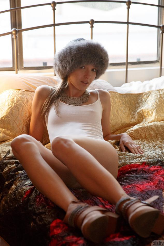 Pretty teen Maria Turova teases in a furry hat and leotard #60939767
