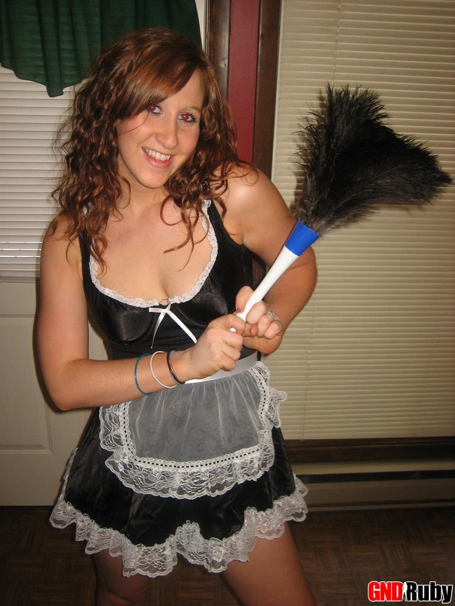 Happy Halloween from teen Ruby as she strips out of her slutty french maid costume #59948094