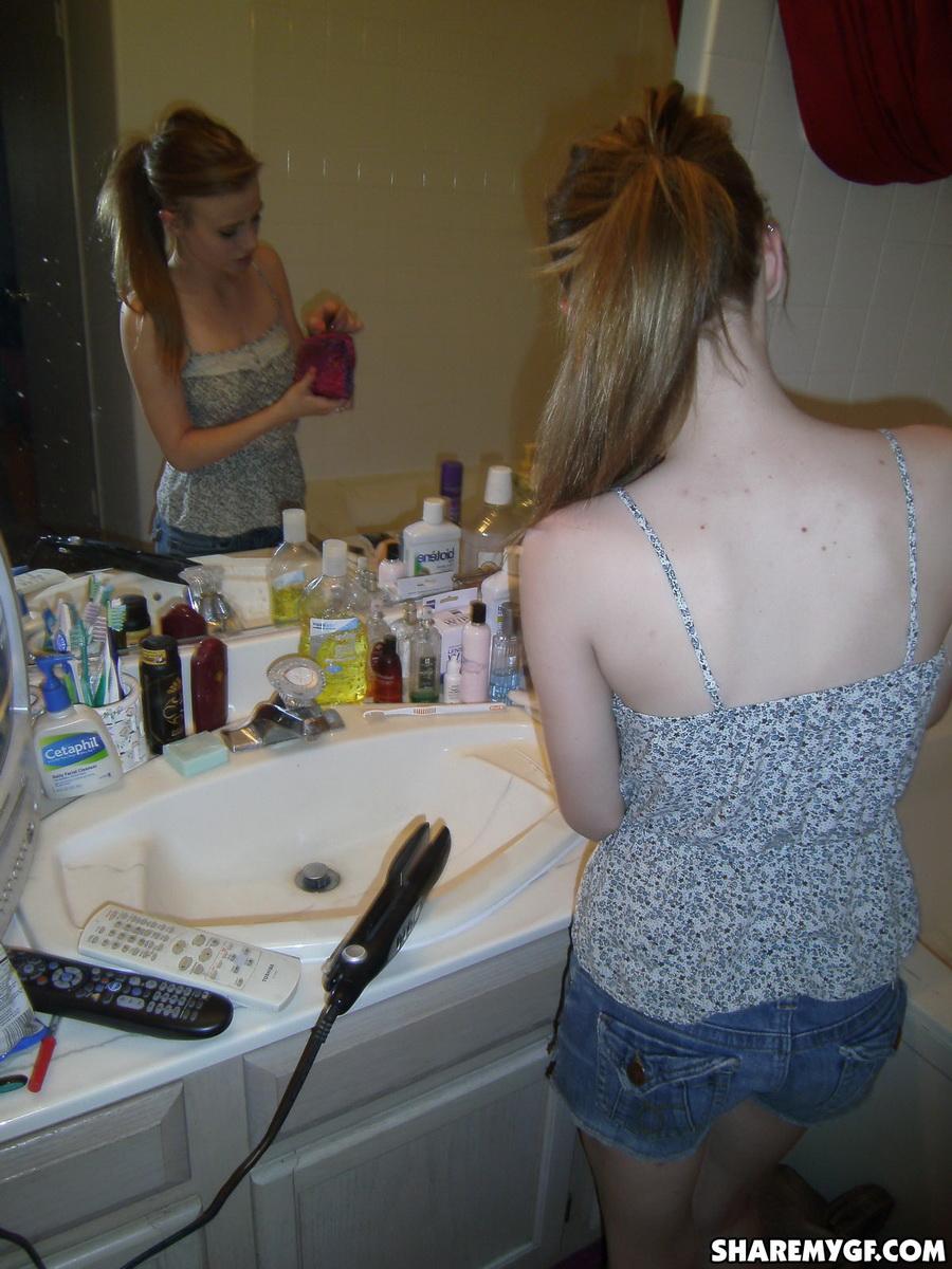 Candids of a hot blonde coed doing her makeup and flashing her boobs #60795692