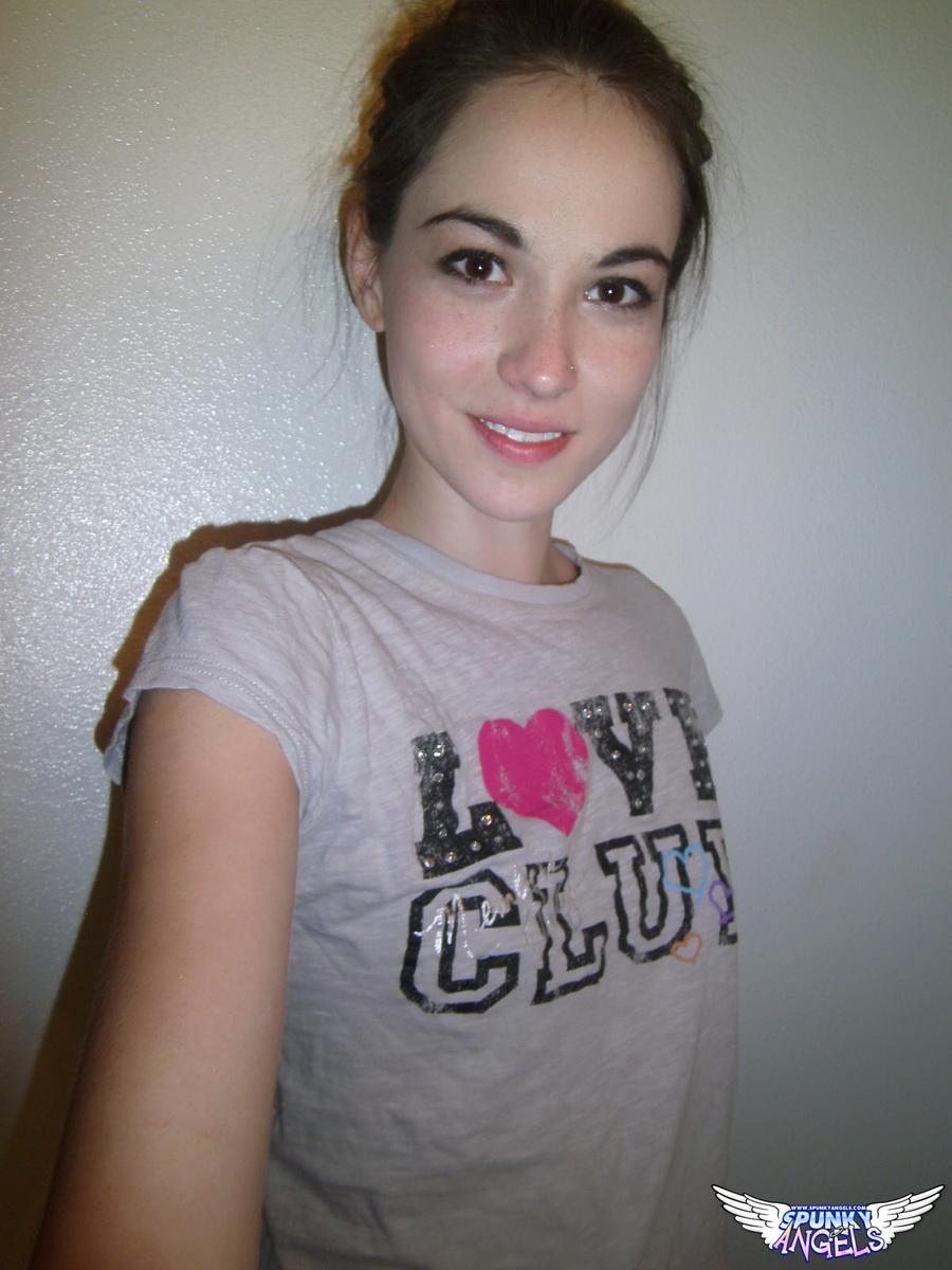 Petite coed Emily Grey lifts her college shirt and takes selfies #54227911