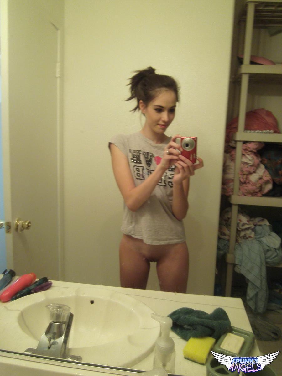 Petite coed Emily Grey lifts her college shirt and takes selfies #54228321
