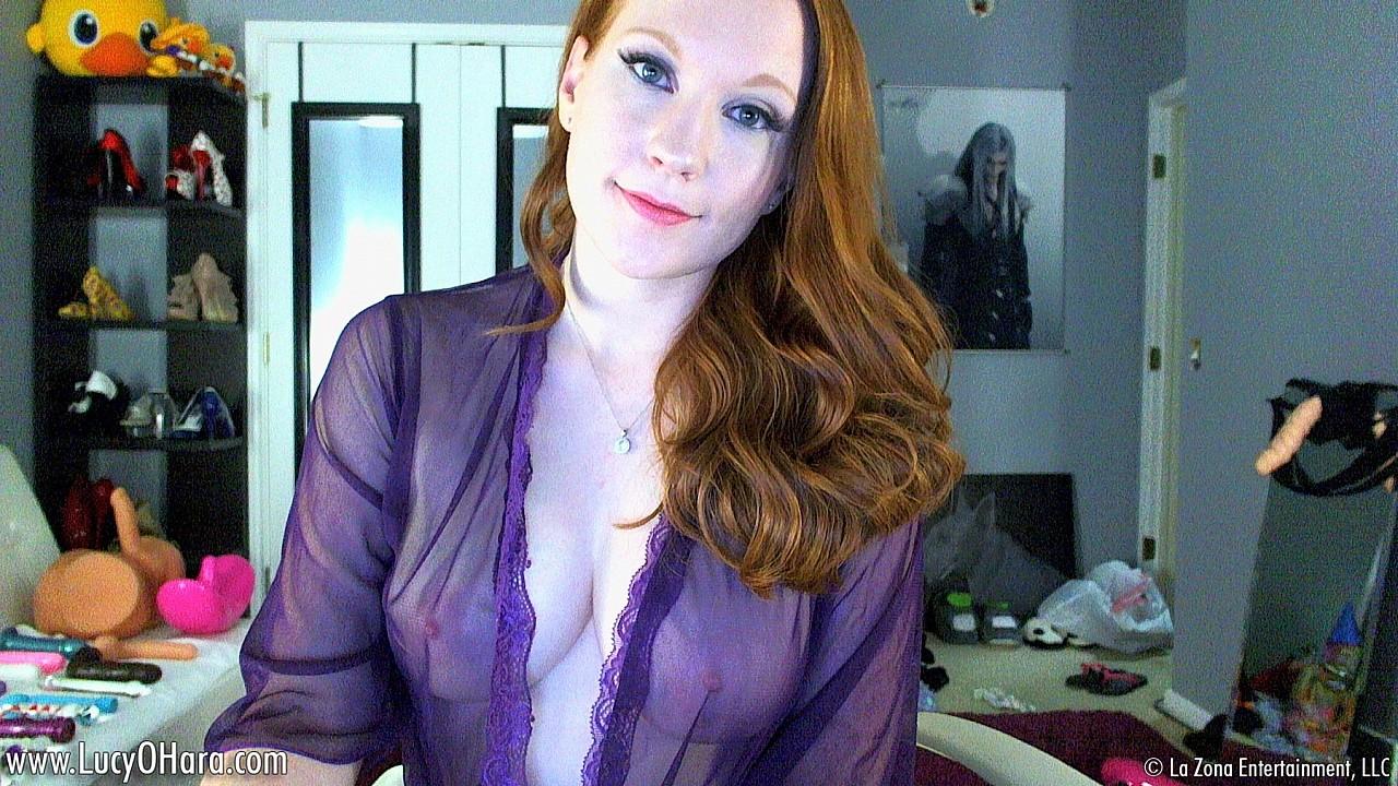 Redhead teen Lucy Ohara pulls out her dildo and teases in purple lingerie #59118151