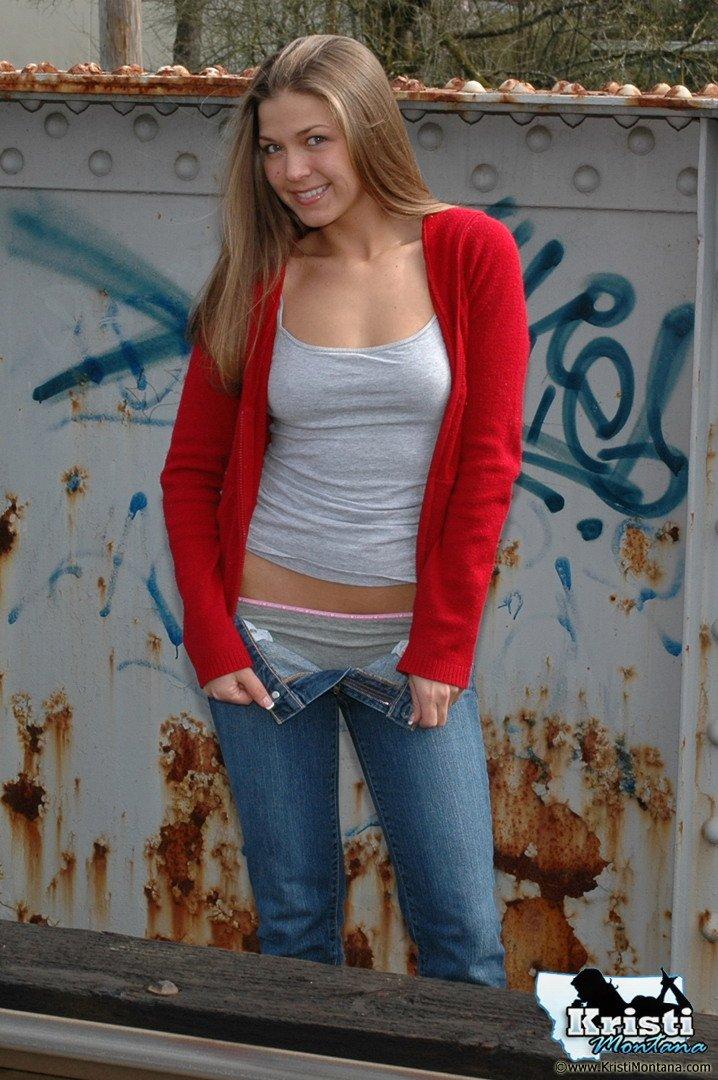 Pictures of teen star Kristi Montana exposing her tits on the train tracks #58773057