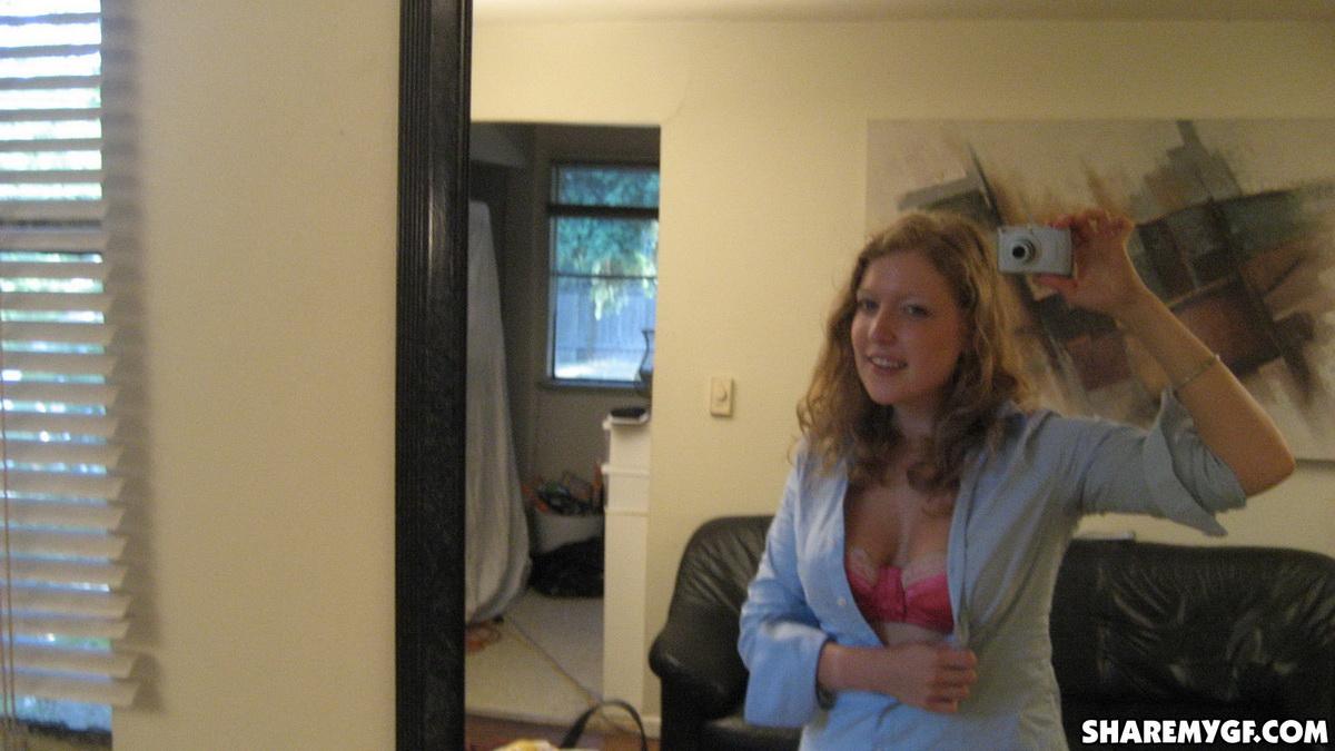 Busty blonde girlfriend takes selfies in the mirror of her big natural tits #60790847