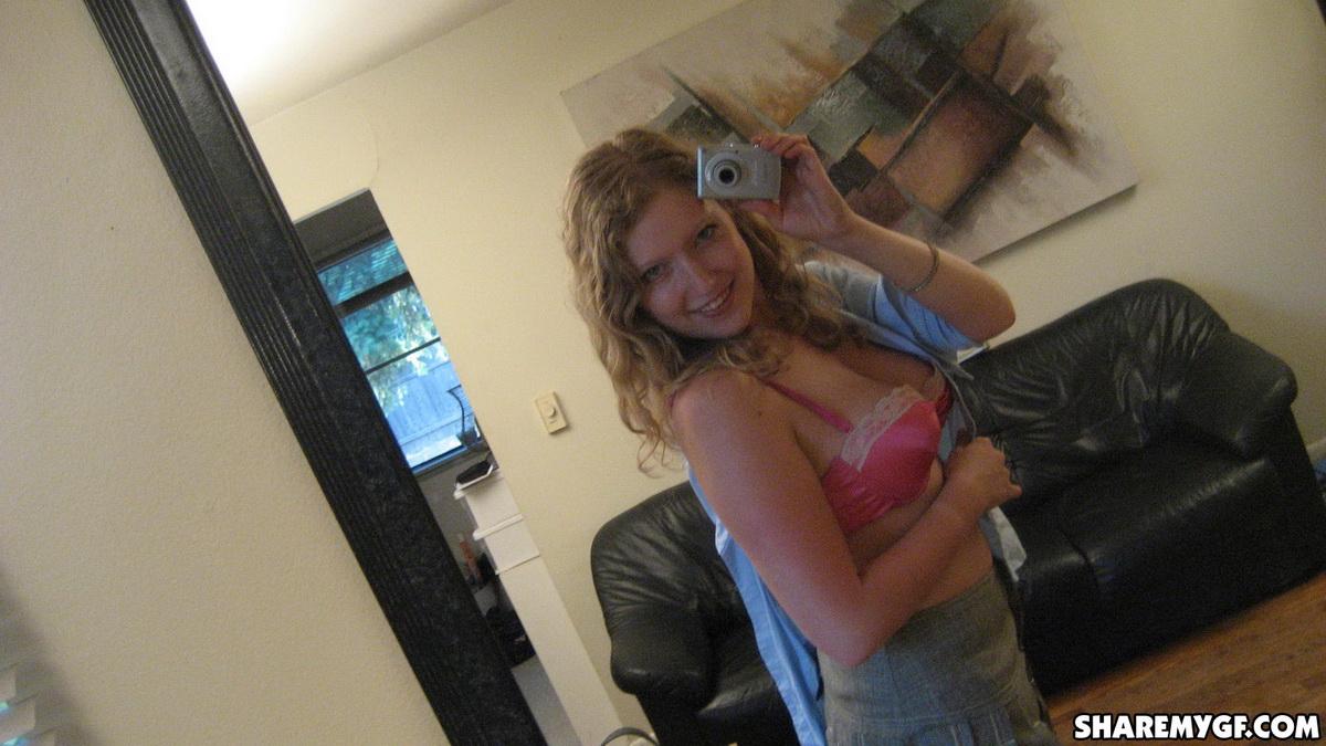 Busty blonde girlfriend takes selfies in the mirror of her big natural tits #60790880