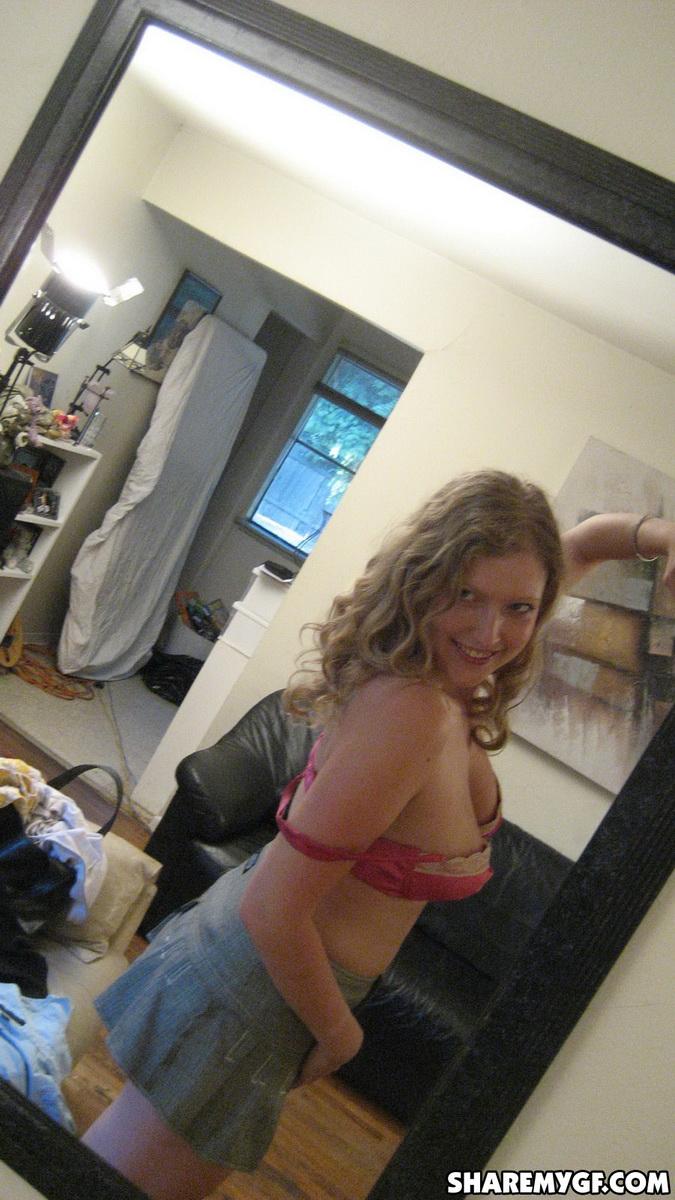 Busty blonde girlfriend takes selfies in the mirror of her big natural tits #60790913