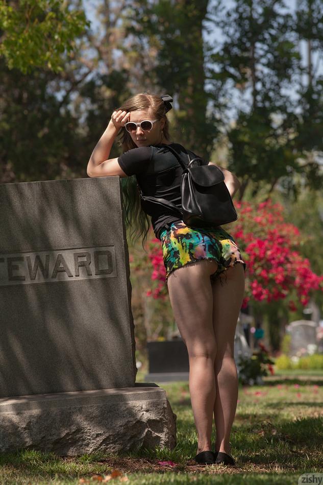 Blonde coed Evelyn Bishop teases in a cemetary #60941661