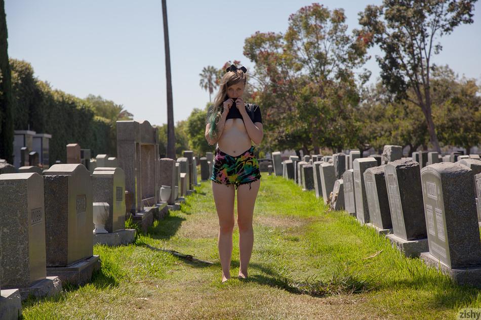 Blonde coed Evelyn Bishop teases in a cemetary #60941726