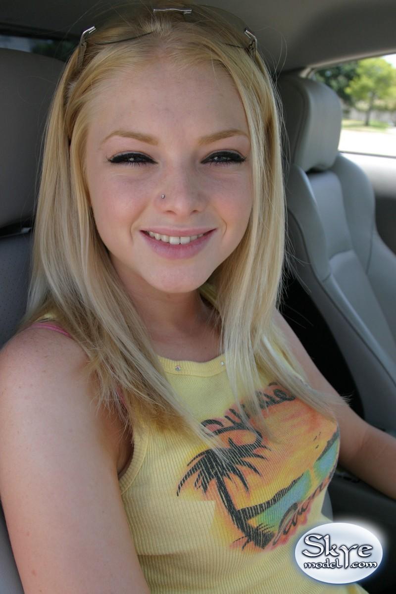 Blonde teen Skye Model shows off her tight teen body by her friends car #59830373