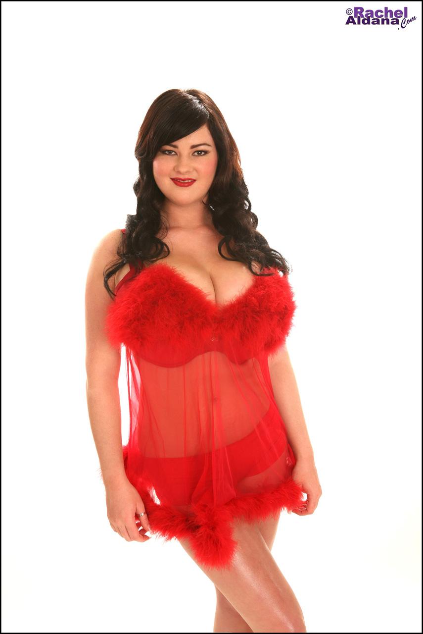 Busty pinup babe Rachel dresses up in red feathery lingerie #59846102