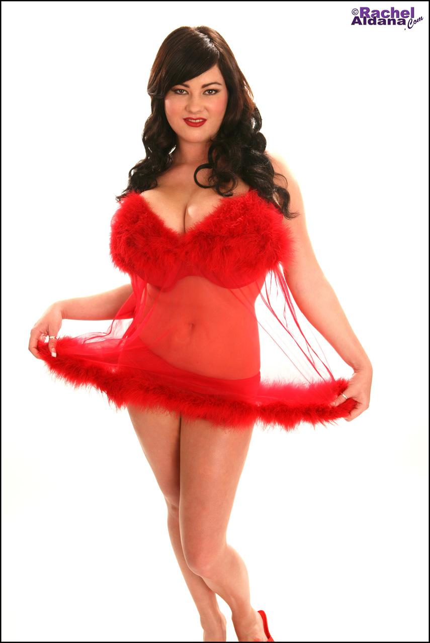 Busty pinup babe Rachel dresses up in red feathery lingerie #59846146