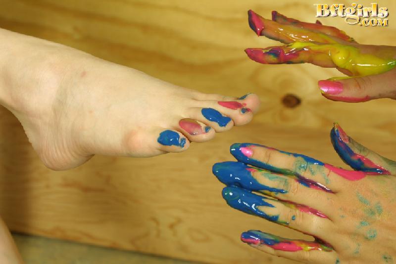 Two teen girls in bare feet get kinky with the body paint #60253963