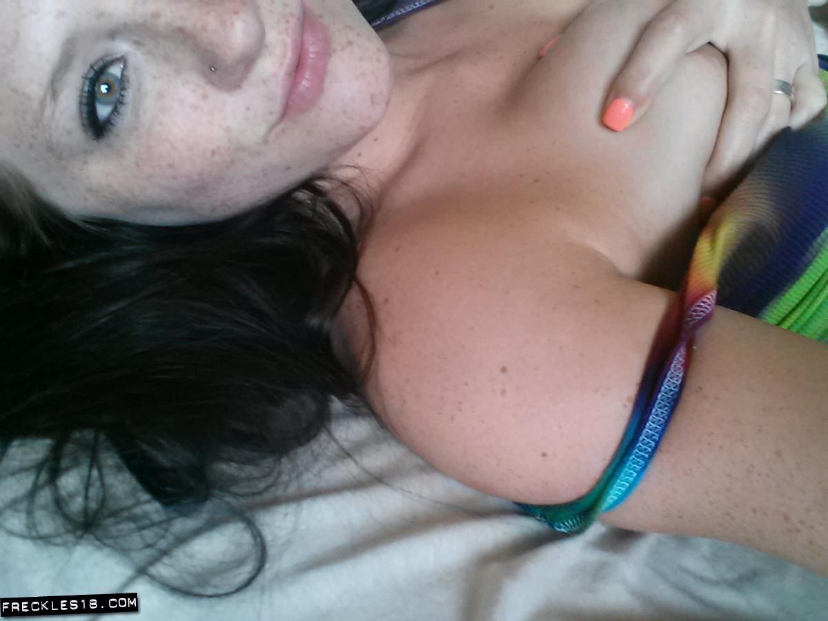 Brunette teen Freckles 18 takes selfies in her tye dye top #54412087