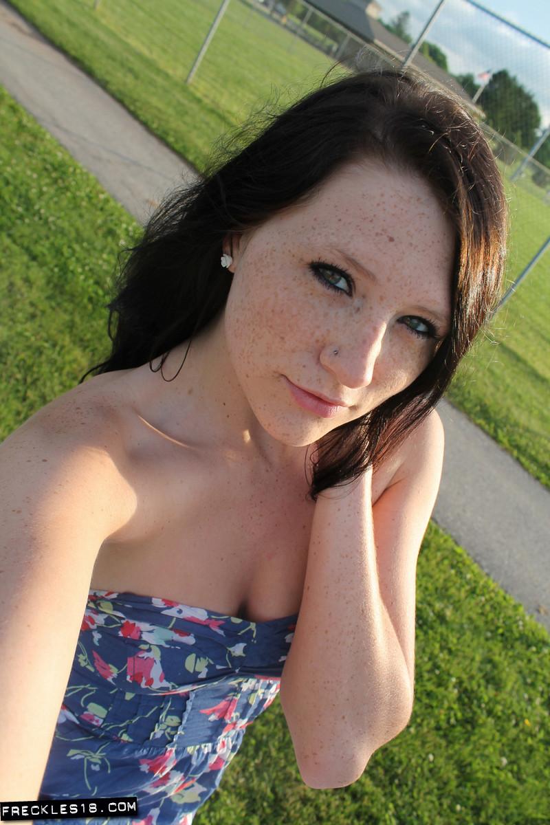 Beautiful brunette girl Freckles 18 lifts her floral dress to show you her panties #54412479