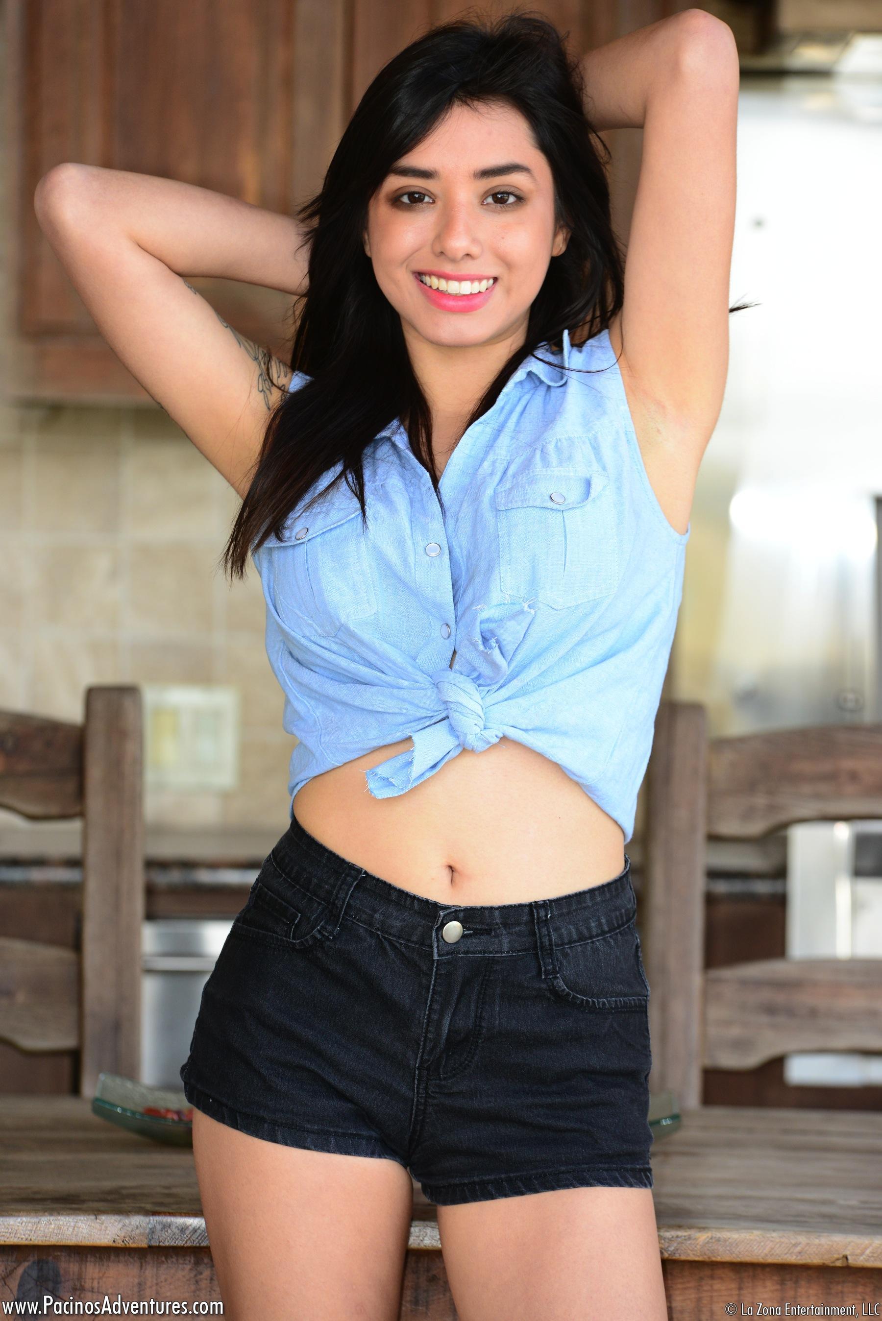 Zoe Martinez strips off her short black shorts and denim shirt to reveal her tight teen body #60204948
