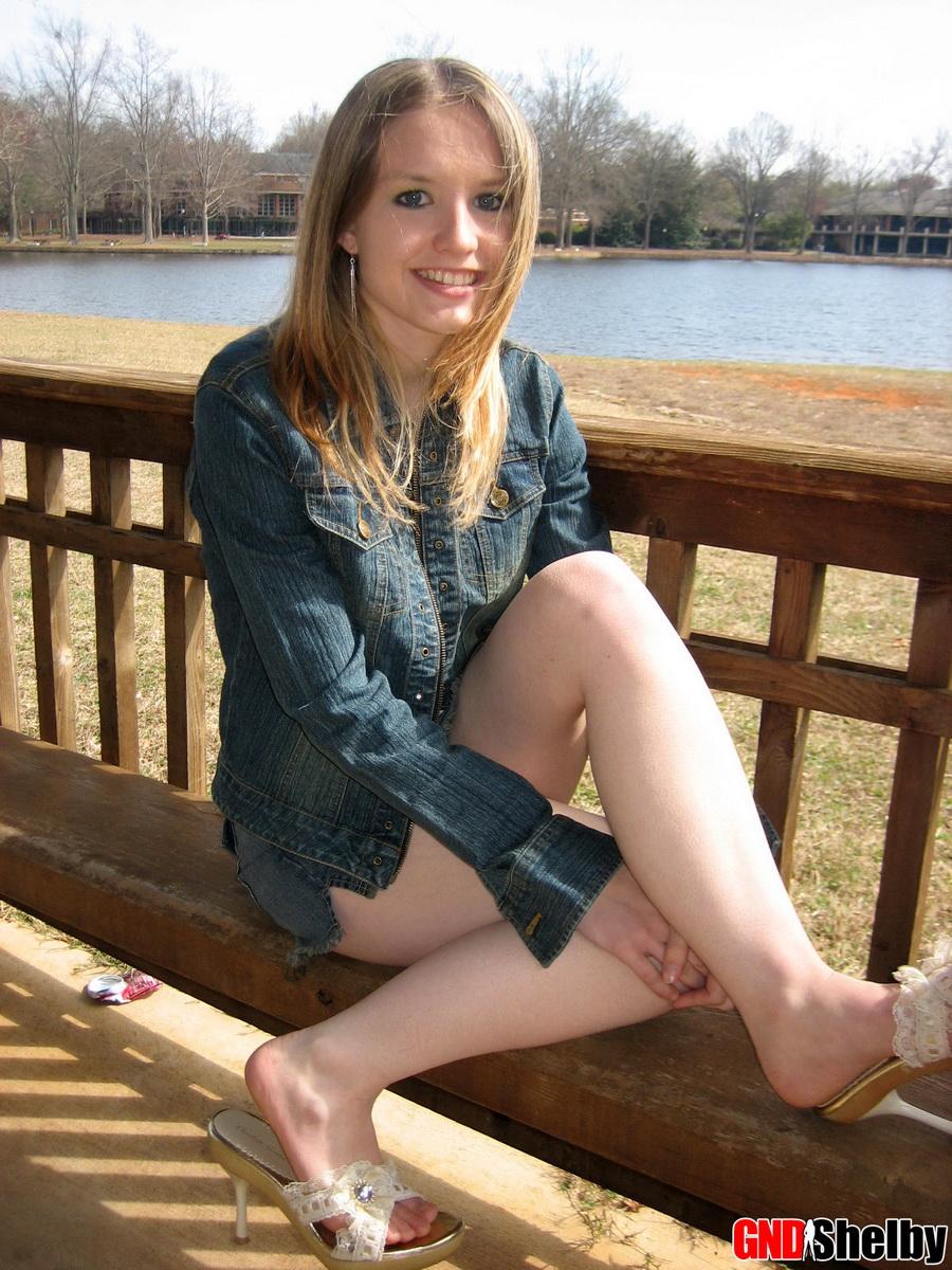 Cute teen Shelby flashes her nipples and panties at the lake in a public park #58761118