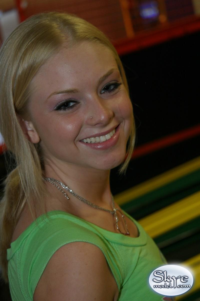 Petite blonde Skye Model is out having fun in a tight top and jeans #59830280