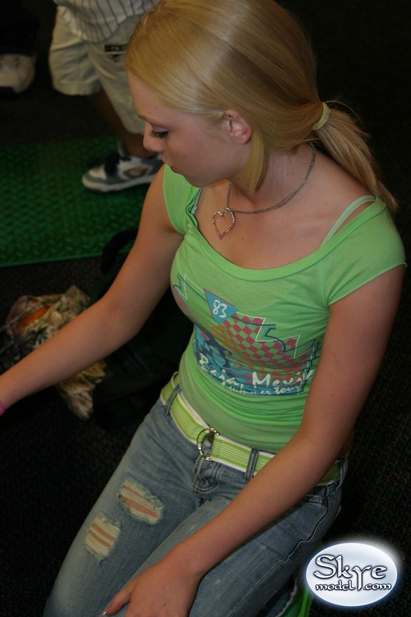 Petite blonde Skye Model is out having fun in a tight top and jeans #59830285
