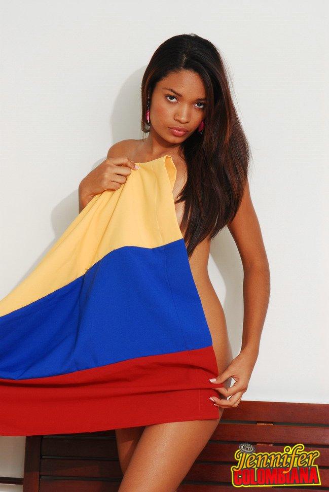 Pictures of teen cutie Jennifer Colombiana curling up with her flag #55327203
