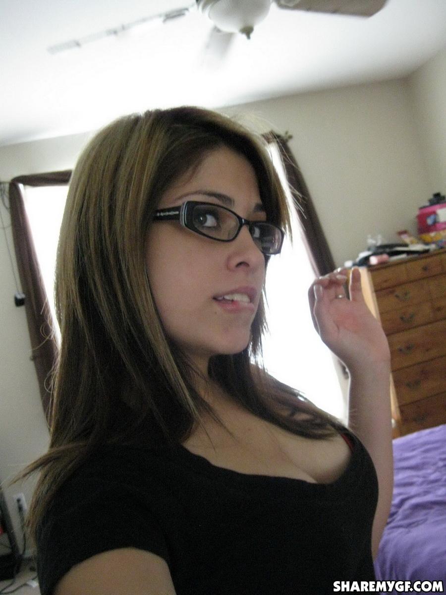 Hot coed in glasses takes selfies of her hot body in the bedroom #60795687