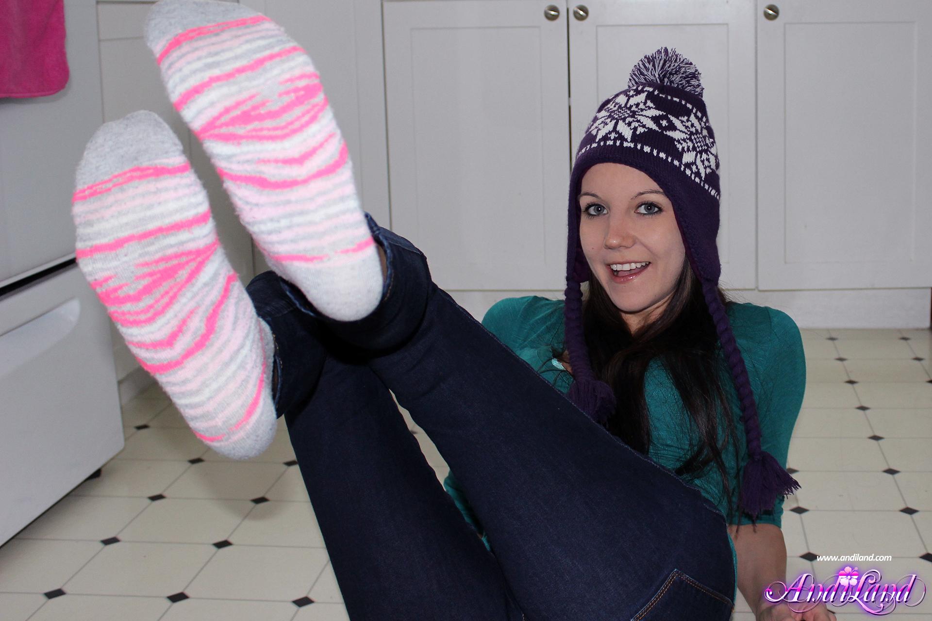 Andi Land strips and teases in her winter toque and socks #53134807