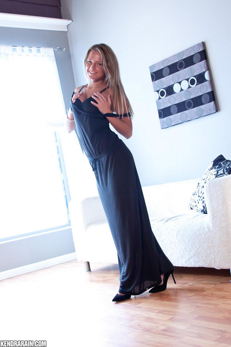 Blonde girl Kendra Rain strips out of her long black dress and gets ready for you #58722275