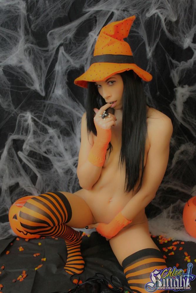 Chloe Knight dresses up in sexy orange and black socks for halloween #53793841