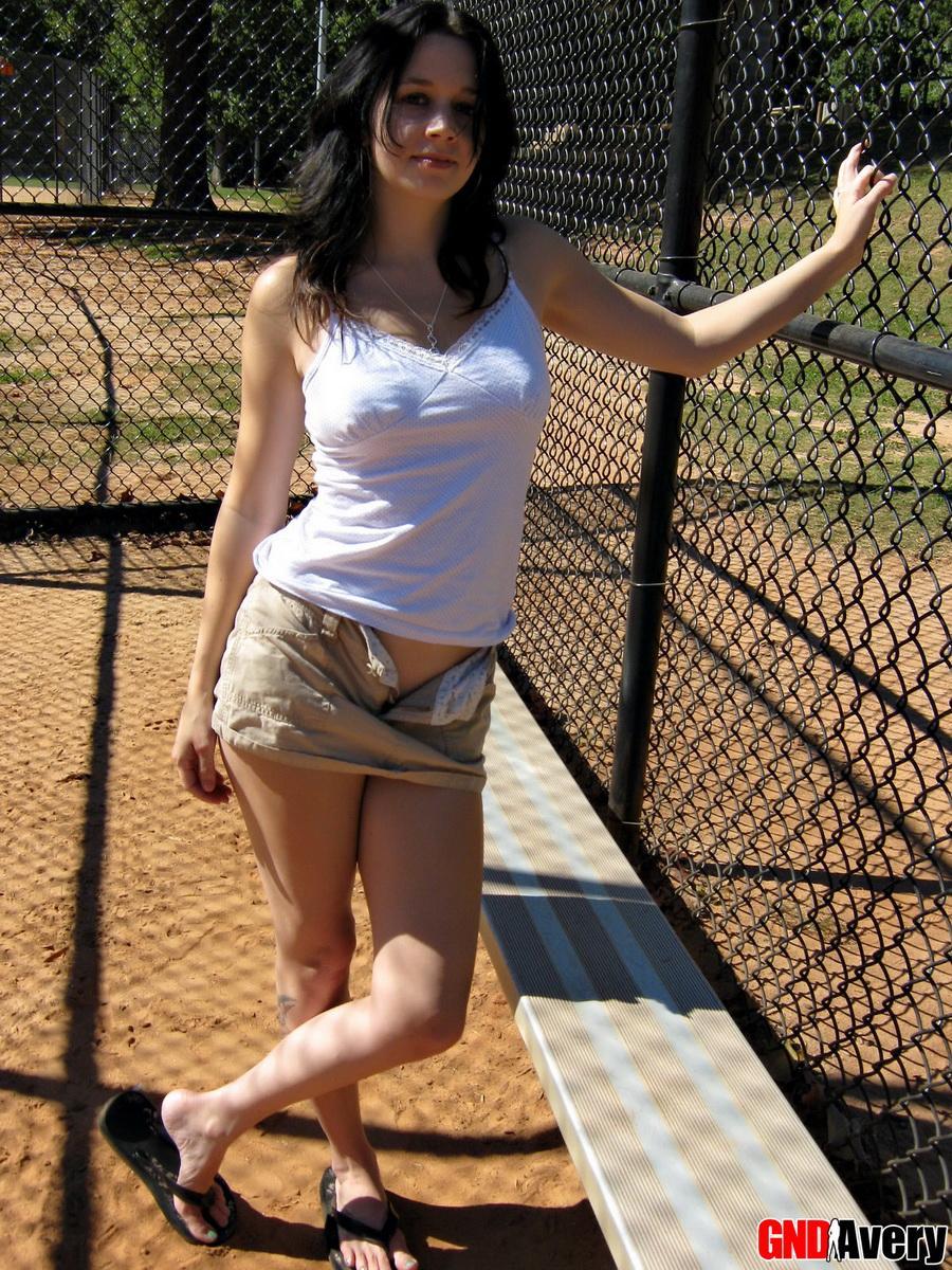 Avery flashes her tits and ass at the public park in the baseball field #54547155