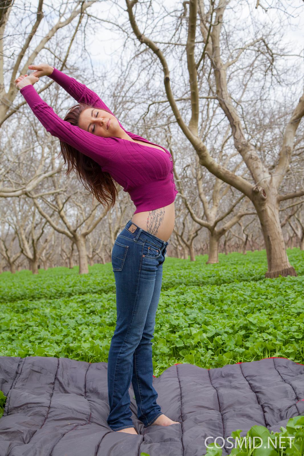 Busty redhead Aubrey Chase strips out of her purple sweater and jeans outside #53353600