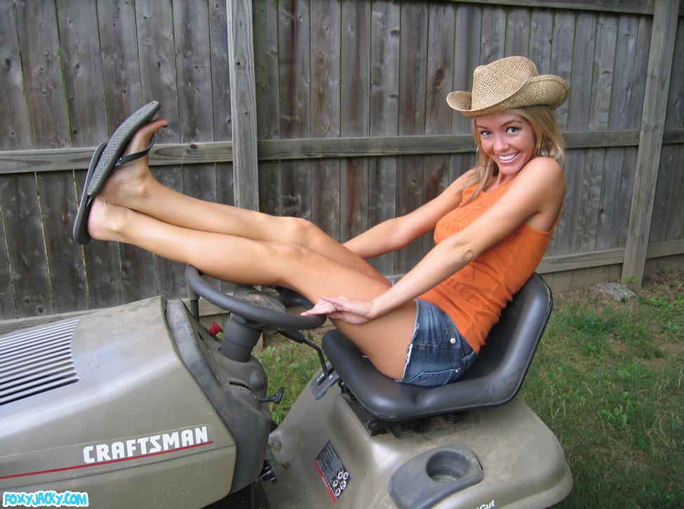Pictures of teen star Foxy Jacky riding a mower #54398976