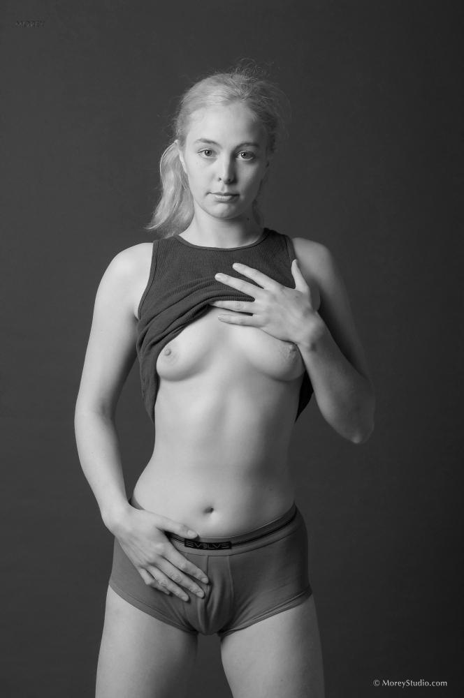 Blonde model Mae strips nude in black and white #59166254