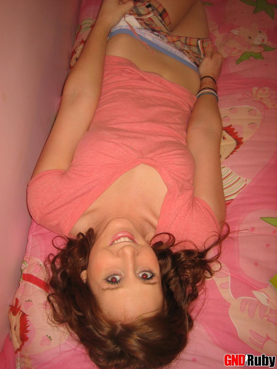 Redhead teen Ruby strips out of her pink shirt and undies exposing her perky tits and tight pussy #59947995