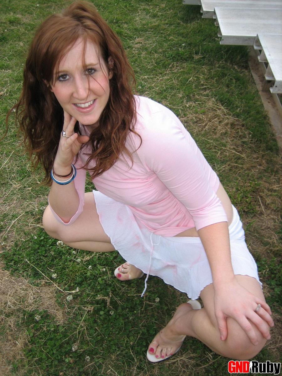 Super cute redhead teen Ruby teases on the park bleachers showing off her tight white panties #59948057