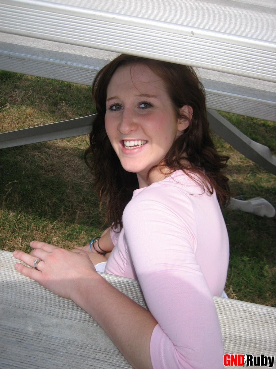 Super cute redhead teen Ruby teases on the park bleachers showing off her tight white panties #59948076